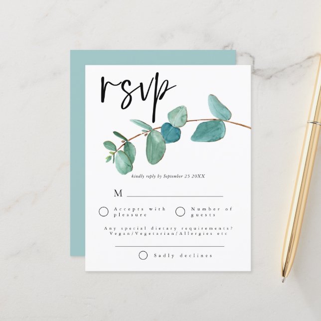 Budget Turquoise Blue Eucalyptus feuilles mariage  (Devant/Arrière en situation)
