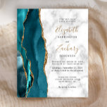 Budget Turquoise Blue Gold Agate Marbre Mariage In<br><div class="desc">Le bord gauche de cette élégante faire-part de mariage moderne est doté d'une bordure turquoise en aquarelle bleue ornée d'une parties scintillant en faux or. Le texte personnalisable combine écriture manuscrite dorée avec cuivre noir et polices italiques sur un arrière - plan en marbre gris et blanc. L'envers présente un...</div>