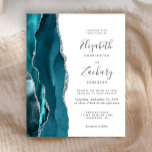 Budget Turquoise Blue Silver Agate Mariage<br><div class="desc">Le bord gauche de cette élégante faire-part de mariage moderne est doté d'une bordure turquoise en aquarelle bleue ornée d'une parties scintillant en faux argent. Le texte personnalisable combine écriture manuscrite, copperplate et polices italiques en gris fusain sur un arrière - plan blanc. L'envers présente un design turquoise et argenté...</div>
