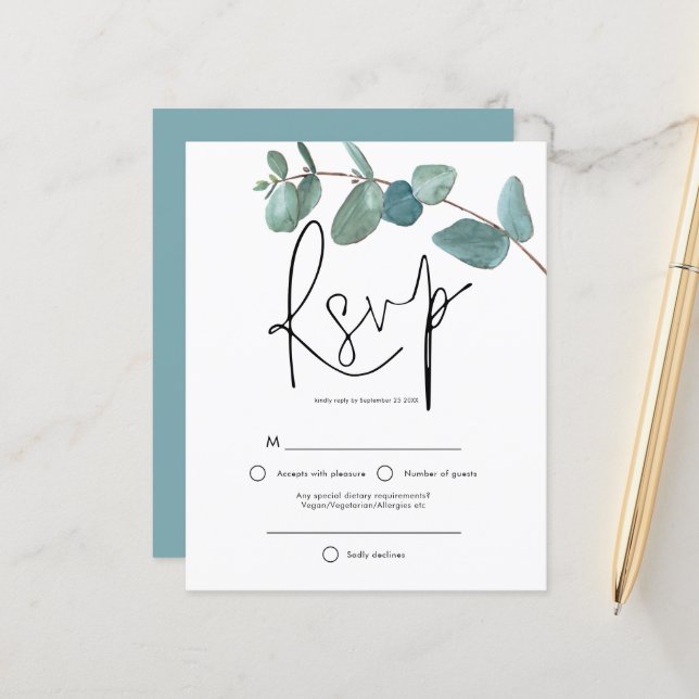 Budget Turquoise Eucalyptus Élégant Script RSVP (Devant/Arrière en situation)