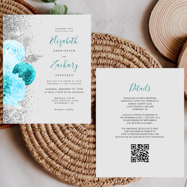 Budget Turquoise Floral Silver QR Code Mariage (Créateur téléchargé)