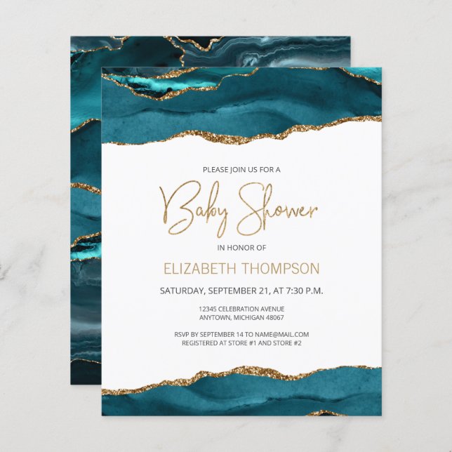 Budget Turquoise Gold Agate Baby shower Invitation (Devant / Derrière)