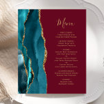 Budget Turquoise Gold Agate Bourgogne Mariage Menu<br><div class="desc">Le bord gauche de cet élégant menu mariage moderne comporte une bordure turquoise d'aquarelle bleue ornée d'une parties scintillant en faux or. Le texte personnalisable combine écriture manuscrite couleur or et polices de cuivre sur un arrière - plan bordeaux. L'envers présente un design d'agate turquoise et or assorti.</div>