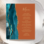 Budget Turquoise Gold Agate Burning Orange Mariage<br><div class="desc">Le bord gauche de cet élégant menu mariage moderne comporte une bordure turquoise d'aquarelle bleue ornée d'une parties scintillant en faux or. Le texte personnalisable combine écriture manuscrite couleur or et polices de cuivre sur un arrière - plan orange brûlé. L'envers présente un design d'agate turquoise et or assorti.</div>