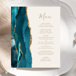 Budget Turquoise Gold Agate Mariage ivoire Menu<br><div class="desc">Le bord gauche de cet élégant menu mariage moderne comporte une bordure turquoise d'aquarelle bleue ornée d'une parties scintillant en faux or. Le texte personnalisable combine écriture manuscrite couleur or et polices de cuivre sur un arrière - plan ivoire. L'envers présente un design d'agate turquoise et or assorti.</div>