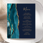 Budget Turquoise Gold Agate Marine Blue Mariage Me<br><div class="desc">Le bord gauche de cet élégant menu mariage moderne comporte une bordure turquoise d'aquarelle bleue ornée d'une parties scintillant en faux or. Le texte personnalisable combine écriture manuscrite couleur or et polices de cuivre sur un arrière - plan bleu marine. L'envers présente un design d'agate turquoise et or assorti.</div>