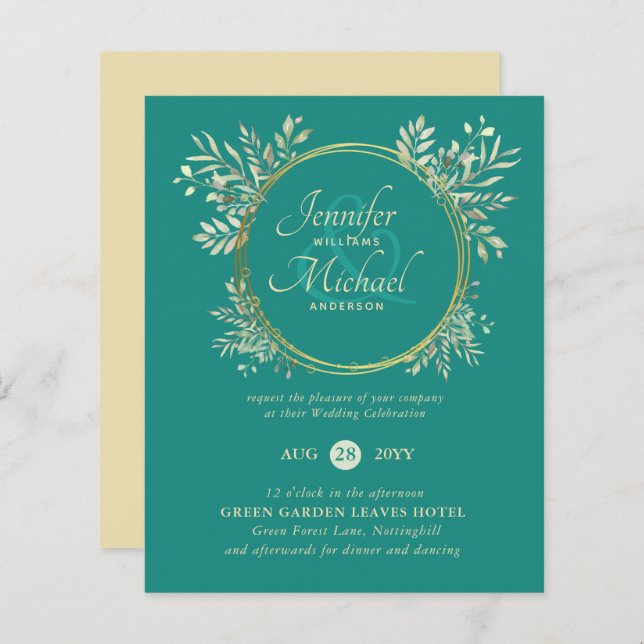 BUDGET Turquoise Gold Greenery Wreath Wedding Invi (Devant / Derrière)