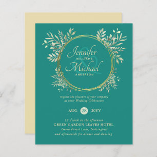 BUDGET Turquoise Gold Greenery Wreath Wedding Invi