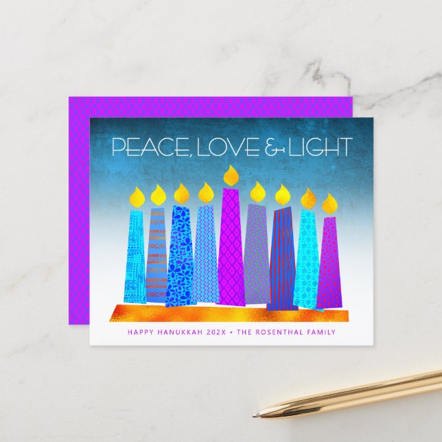 Budget Turquoise Hanoukka bougies Peace Love Card (Devant/Arrière en situation)