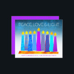 Budget Turquoise Hanoukka bougies Peace Love Card<br><div class="desc">"Paix, amour et lumière." Une illustration ludique, moderne et artistique de bougies motifs de saumons dans une menorah vous aide à inaugurer les vacances de Hanoukka. Des bougies bleues assorties de motifs de fausse feuille colorés recouvrent un dégradé turquoise en arrière - plan texturé blanc. Faux motif de diamant rose...</div>
