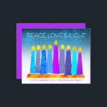 Budget Turquoise Hanoukka bougies Peace Love Card<br><div class="desc">"Paix, amour et lumière." Une illustration ludique, moderne et artistique de bougies motifs de saumons dans une menorah vous aide à inaugurer les vacances de Hanoukka. Des bougies bleues assorties de motifs de fausse feuille colorés recouvrent un dégradé turquoise en arrière - plan texturé blanc. Faux motif de diamant rose...</div>