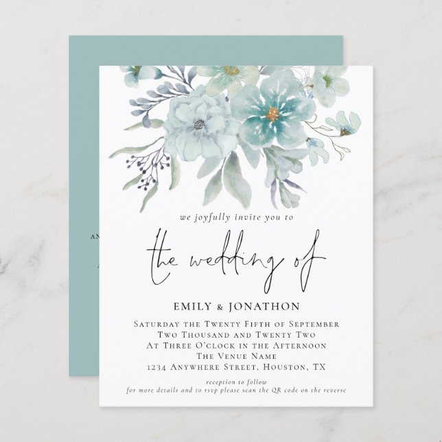 Budget Turquoise Mist QR Floral Faire-part de mari (Devant / Derrière)