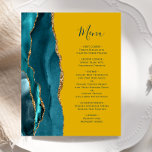 Budget Turquoise Or Agate moutarde Jaune Mariage M<br><div class="desc">Le bord gauche de cet élégant menu mariage moderne comporte une bordure turquoise d'aquarelle bleue ornée d'une parties scintillant en faux or. Le texte personnalisable combine un script turquoise d'écriture manuscrite foncé et des polices de cuivre sur un arrière - plan jaune moutarde tendance. L'envers présente un design d'agate turquoise...</div>