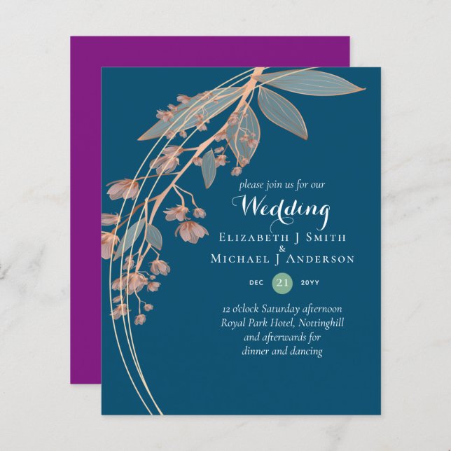 BUDGET Turquoise Orange Feuilles Faire-part de mar (Devant / Derrière)