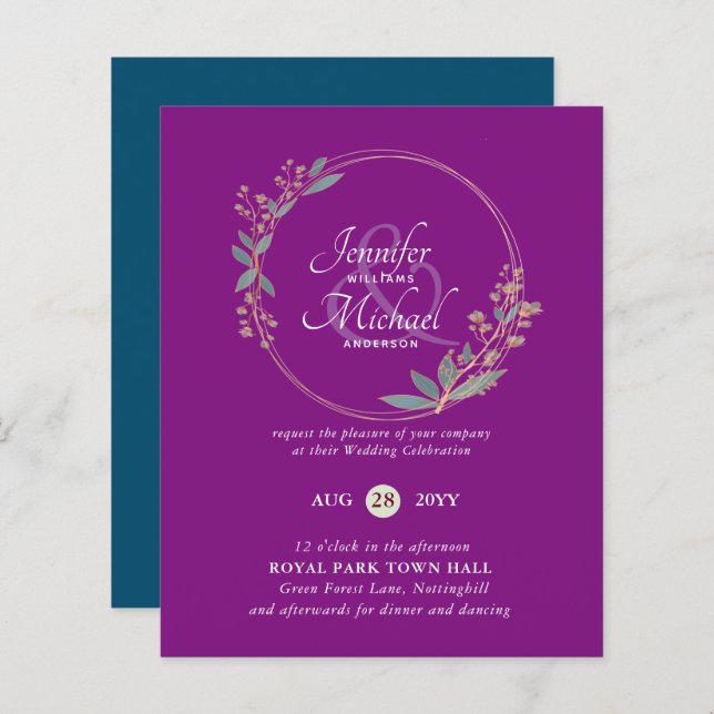 BUDGET Turquoise Orange Feuilles Faire-part de mar (Devant / Derrière)