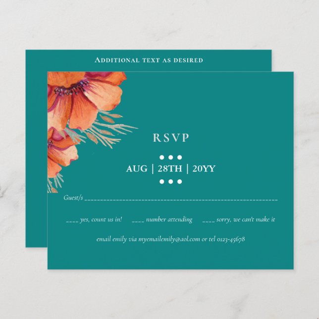 BUDGET Turquoise Orange Floral Mariage RSVP (Devant / Derrière)