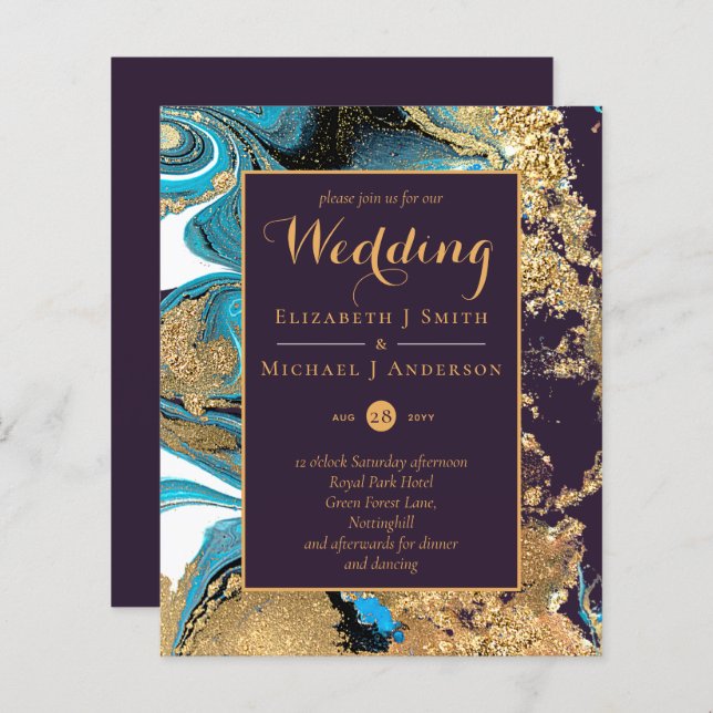 BUDGET Turquoise Purple Gold Agate Mariage Invitat (Devant / Derrière)