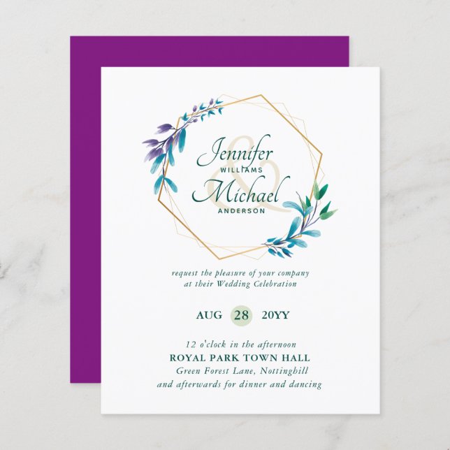 BUDGET Turquoise Purple Gold Wreath Wedding Invita (Devant / Derrière)