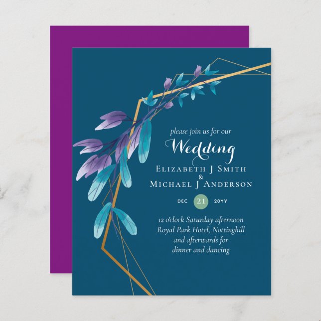 BUDGET Turquoise Purple Gold Wreath Wedding Invita (Devant / Derrière)