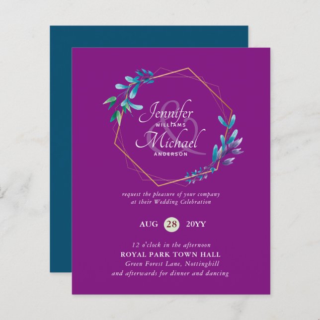 BUDGET Turquoise Purple Gold Wreath Wedding Invita (Devant / Derrière)