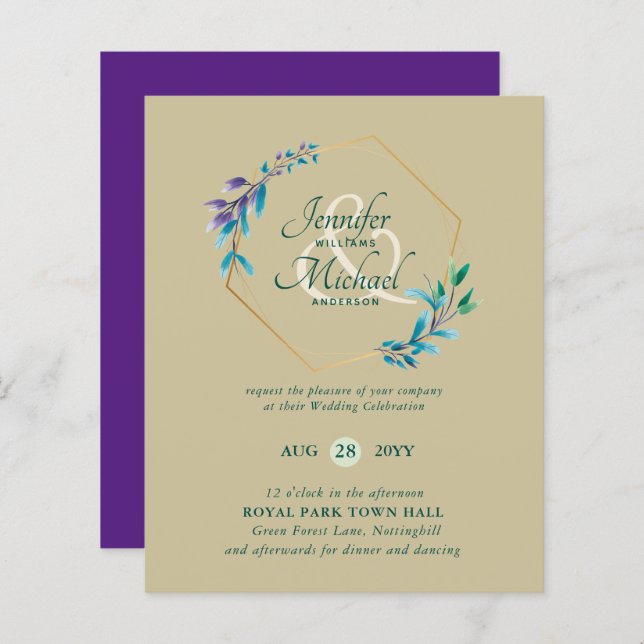 BUDGET Turquoise Purple Gold Wreath Wedding Invita (Devant / Derrière)