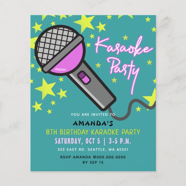 Budget Turquoise Purple Kids Karaoke Party Invitat (Devant)