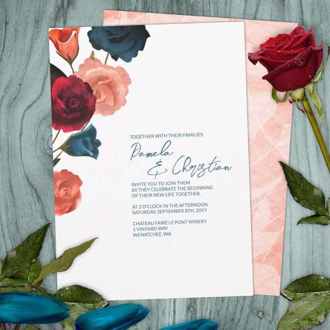 Budget Turquoise, Rouge, Sangria Roses Faire-part  (summer sangria berry wine red rose gold wedding color palette invitations roses botanical garden)
