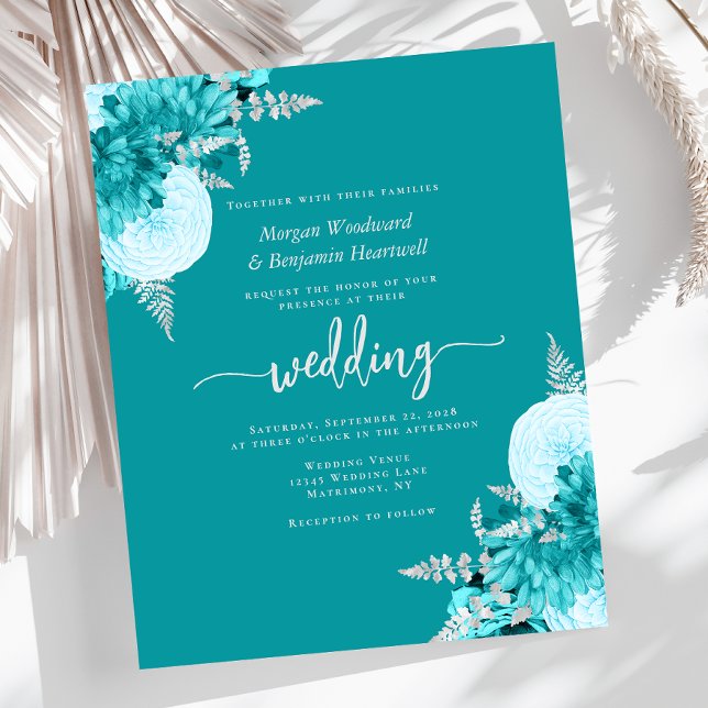 Budget Turquoise Silver Floral Wedding Invite (Créateur téléchargé)