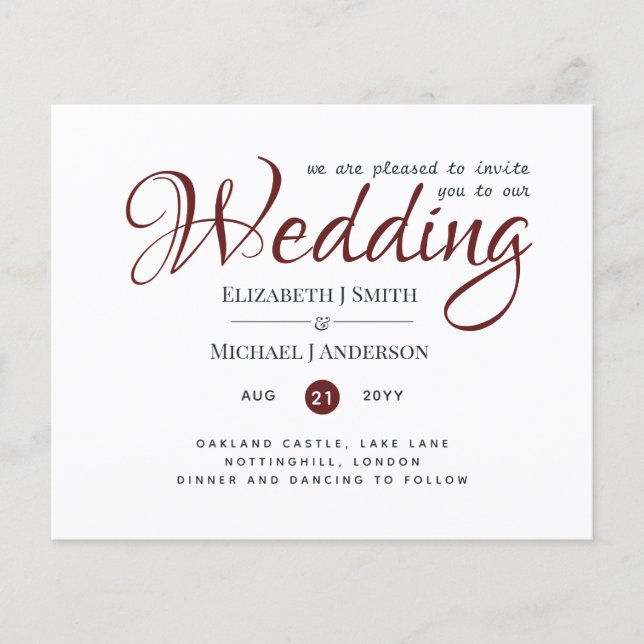 Budget TYPOGRAHY Mariage Invite - Bourgogne Rouge (Devant)