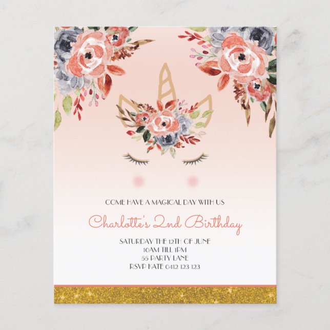 BUDGET, Unicorn Aquarelle Florals Invitation fille (Devant)
