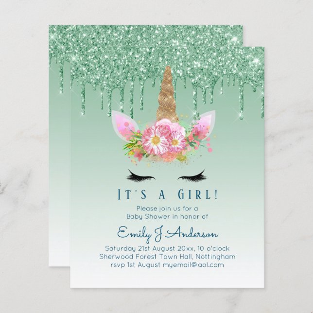 Budget Unicorn Baby shower Green Girls mignonne (Devant / Derrière)