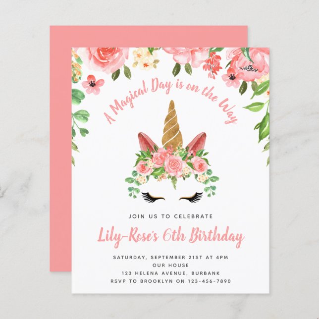 BUDGET Unicorn Face Floral Anniversaire Invitation (Devant / Derrière)