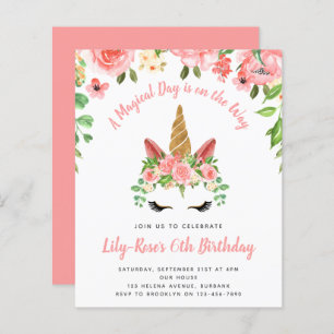 BUDGET Unicorn Face Floral Anniversaire Invitation