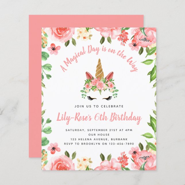 BUDGET Unicorn Face Floral Anniversaire Invitation (Devant / Derrière)