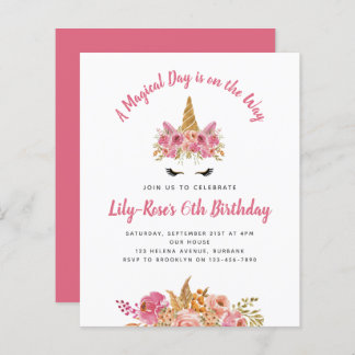 BUDGET Unicorn Face Floral Anniversaire Invitation
