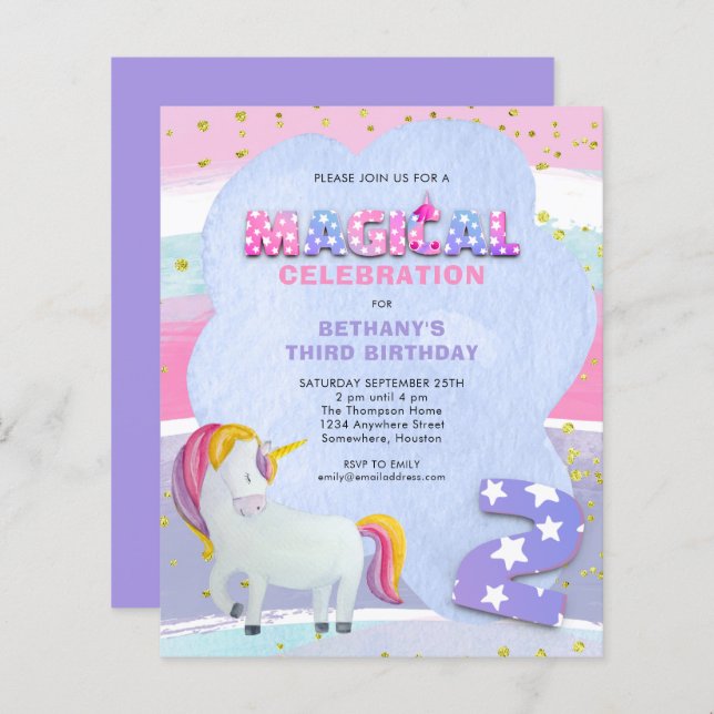 Budget Unicorn Magique 3ème anniversaire Invitatio (Devant / Derrière)