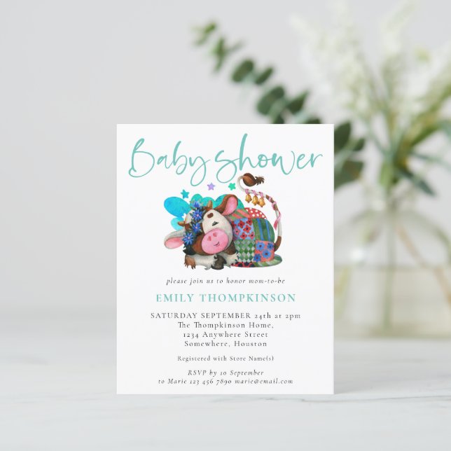 Budget Vache neutre Baby shower Turquoise Invitati (Debout devant)