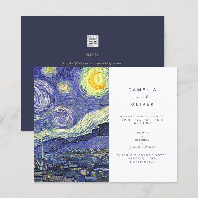 BUDGET Van Gough Starry Night Wedding Inviter QR (Devant / Derrière)