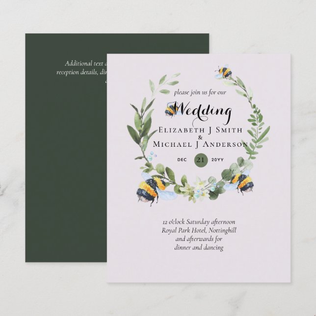 BUDGET Verdure Eucalyptus Bees Mariage Invite (Devant / Derrière)