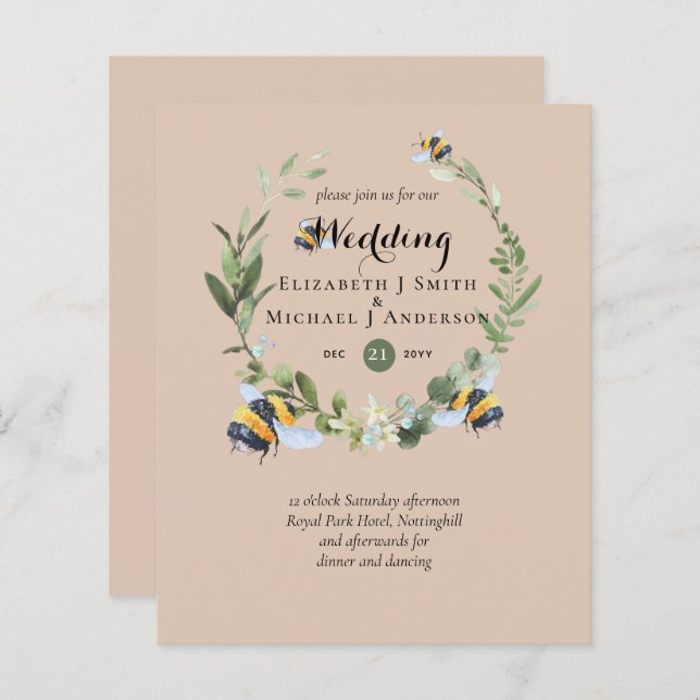 BUDGET Verdure Eucalyptus Bees Mariage Invite (Devant / Derrière)