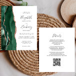 Budget Vert Agate Rose Gold QR Code Mariage<br><div class="desc">Le bord gauche de cette élégante faire-part de mariage moderne est orné d'une bordure en aquarelle vert émeraude, ornée d'une parties scintillant en or rose. Le texte personnalisable combine écriture manuscrite grise au fusain, cuivre et polices italiques sur un arrière - plan blanc. L'envers offre de l'espace pour les détails...</div>