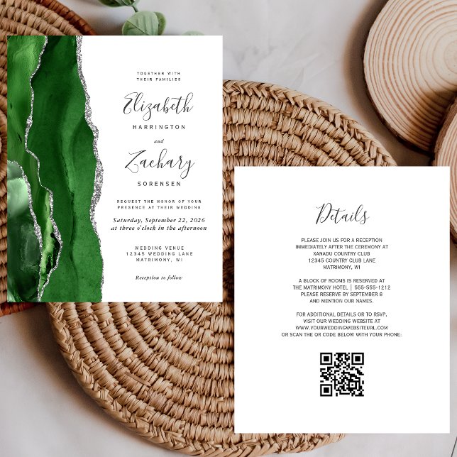 Budget Vert Argent Agate QR Code Mariage Invitatio (Créateur téléchargé)