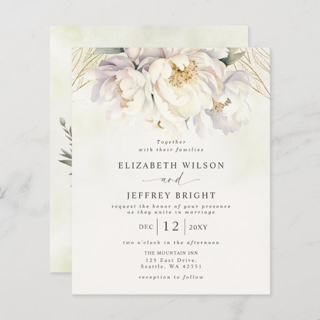 Budget Vert Blanc Floral Mariage Invitations (Devant / Derrière)