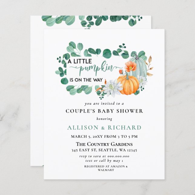 Budget vert Citrouille Baby shower Invitation (Devant / Derrière)