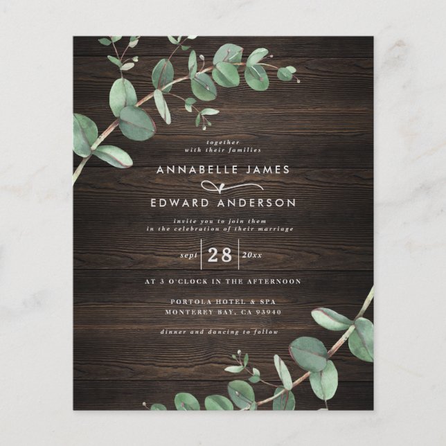 budget vert eucalyptus bois foncé rustique mariage (Devant)