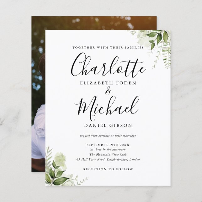 Budget Vert Feuille Script photo Mariage Invitatio (Devant / Derrière)