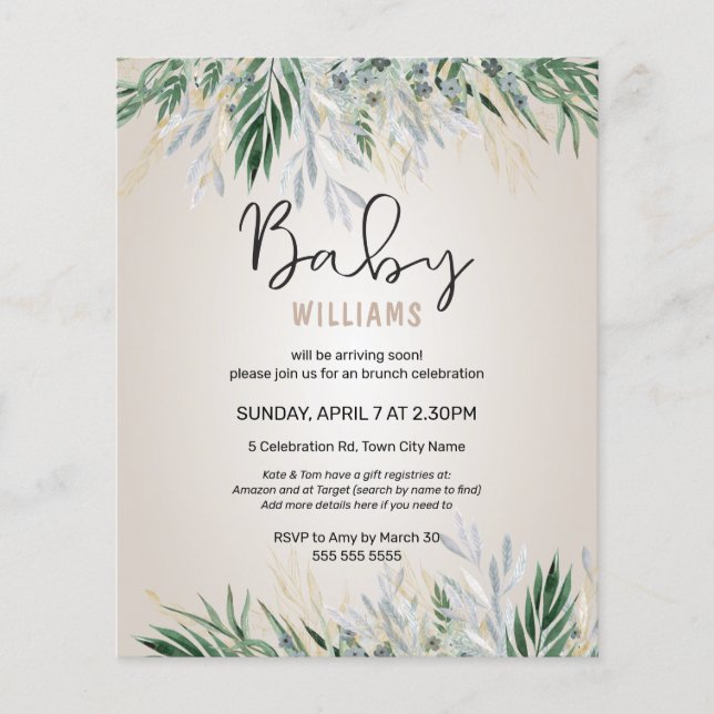 Budget Vert Feuilles Neutre Baby shower Invitation (Devant)