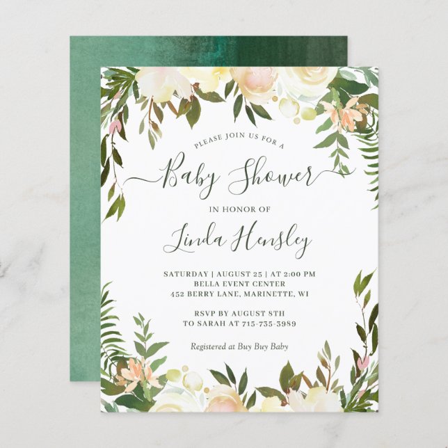 Budget Vert Floral Baby Shower Invitations