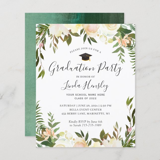 Budget Vert Floral Graduation Party Invitation (Devant / Derrière)
