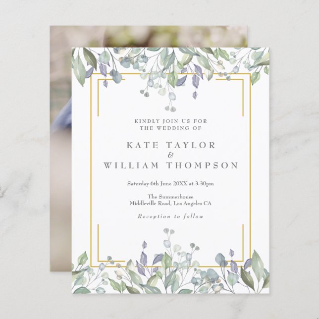 Budget Vert Floral Mariage Photo Invitation (Devant / Derrière)
